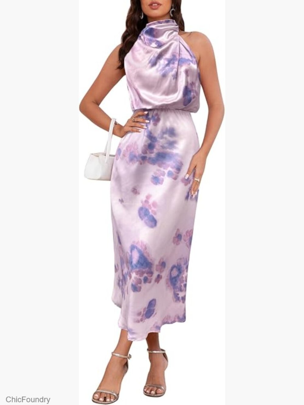 Elegant Satin Maxi Dress Sleeveless Mock Neck Formal Wedding Guest Party